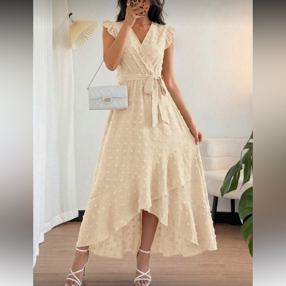 Elegant Cream High-Low Midi Dress with Tie Waist
